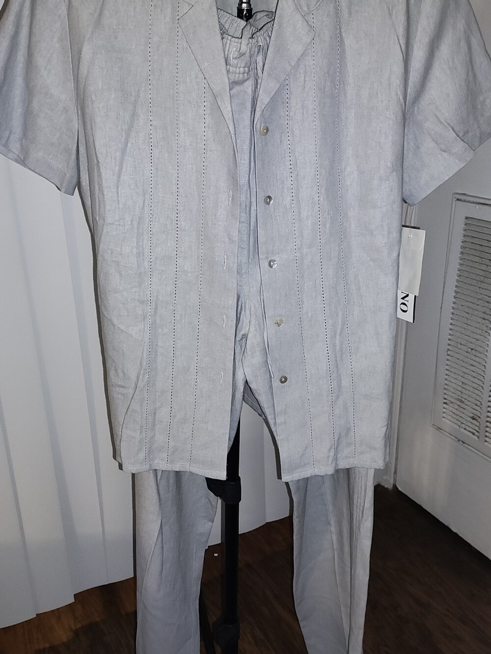 Milano Light Gray Linen-Blend Short-Sleeve Jumpsuit